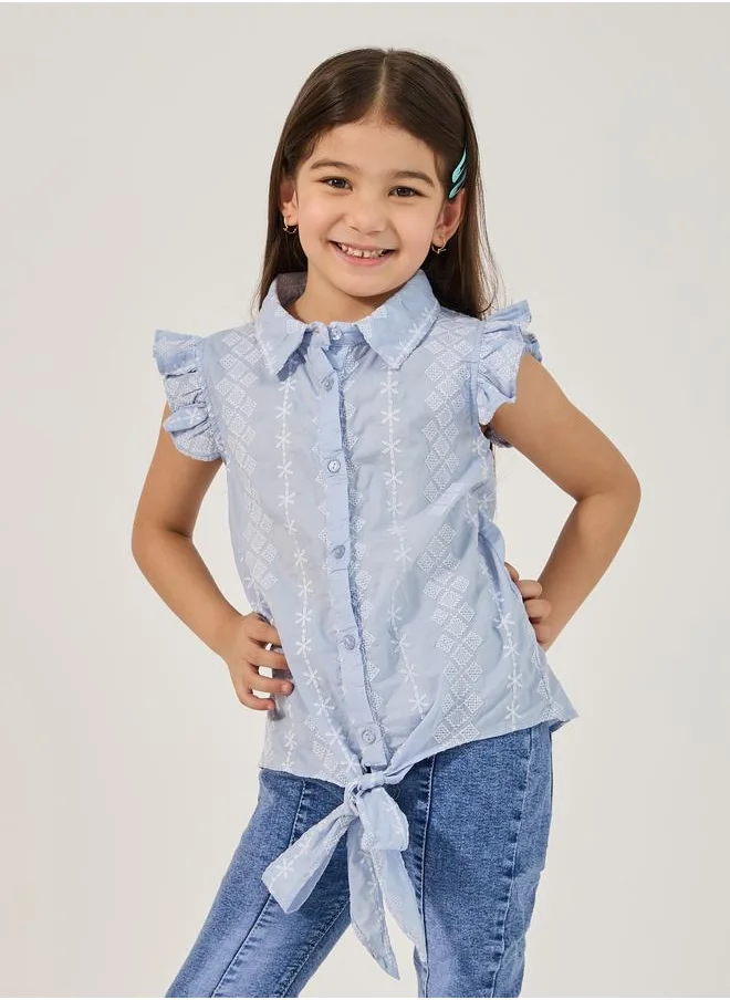 Styli Styli Schiffli Frill Sleeve Shirt with Tie Up Detail