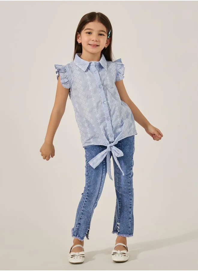 Styli Styli Schiffli Frill Sleeve Shirt with Tie Up Detail