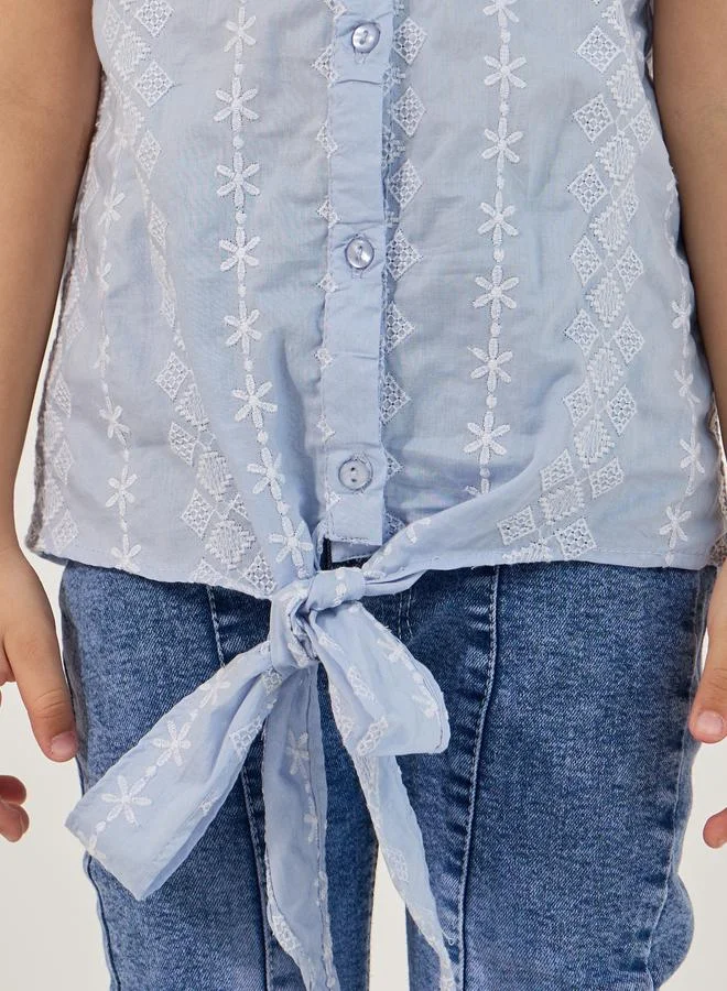 Styli Styli Schiffli Frill Sleeve Shirt with Tie Up Detail