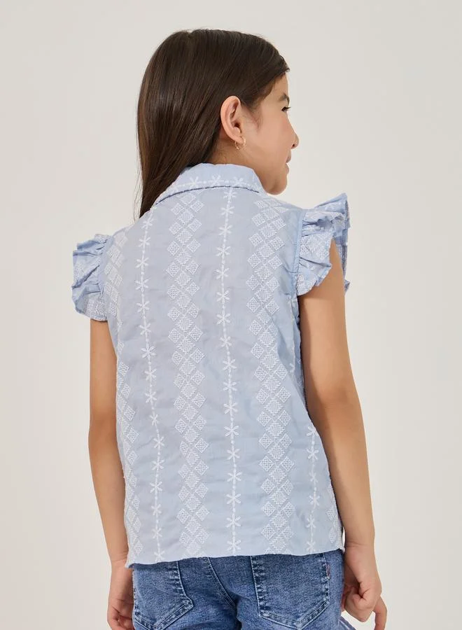 Styli Styli Schiffli Frill Sleeve Shirt with Tie Up Detail
