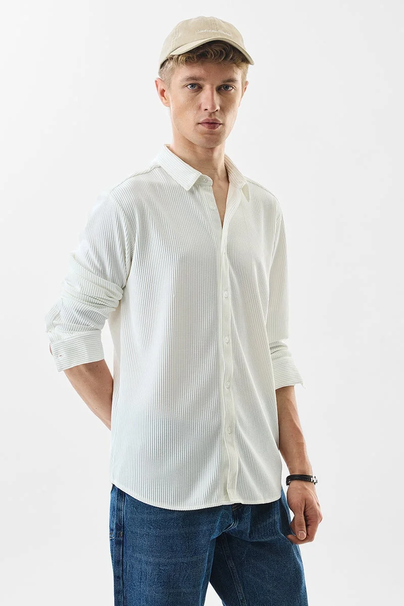 سنيتش White Ribbed Long Sleeve Slim Fit Shirt