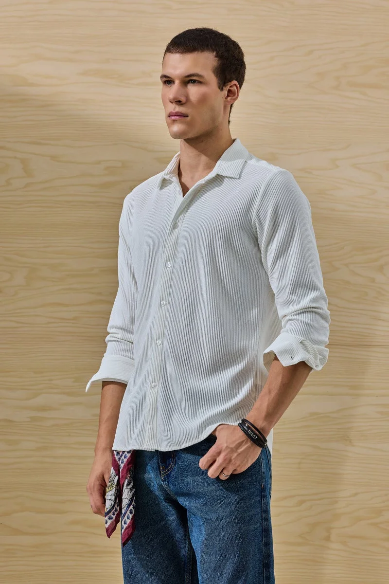 سنيتش White Ribbed Long Sleeve Slim Fit Shirt