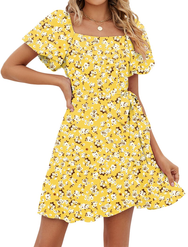 Sampeel Summer Dresses for Women 2026 Puff Sleeve Wedding Guest Casual Spring Dress Yellow L - Image 2