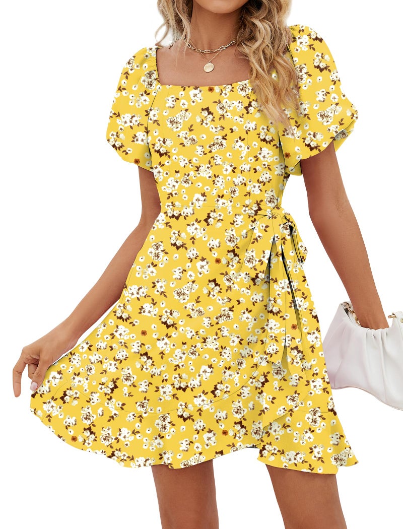 Sampeel Summer Dresses for Women 2026 Puff Sleeve Wedding Guest Casual Spring Dress Yellow L - Image 1
