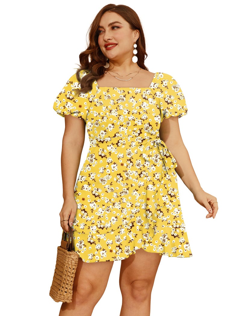 Sampeel Summer Dresses for Women 2026 Puff Sleeve Wedding Guest Casual Spring Dress Yellow L - Image 3