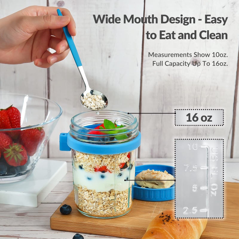 DRKIO 4 Pack Overnight Oats Containers with Lids and Spoons - DRKIO 16 Oz Glass Mason Jars for Overnight Oats Leak Proof Oatmeal Container Great for Cereal Fruit Vegetable Milk Salad Yogurt Meal Prep - Image 4