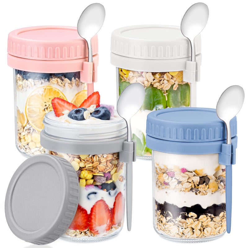 DRKIO 4 Pack Overnight Oats Containers with Lids and Spoons - DRKIO 16 Oz Glass Mason Jars for Overnight Oats Leak Proof Oatmeal Container Great for Cereal Fruit Vegetable Milk Salad Yogurt Meal Prep - Image 1