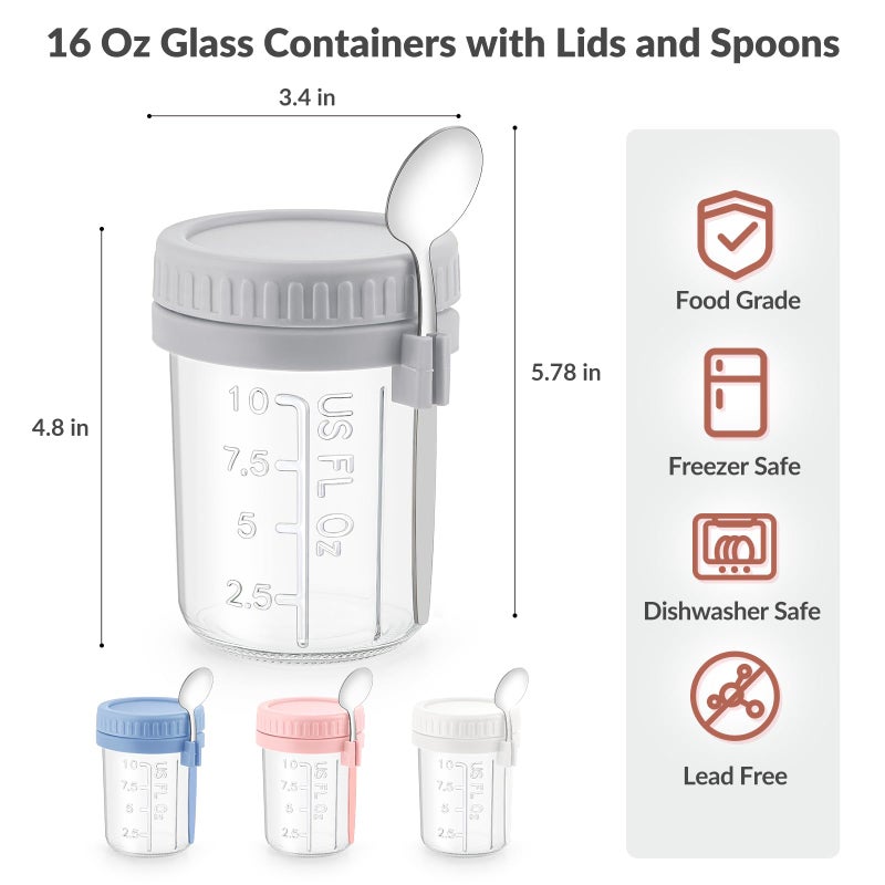 DRKIO 4 Pack Overnight Oats Containers with Lids and Spoons - DRKIO 16 Oz Glass Mason Jars for Overnight Oats Leak Proof Oatmeal Container Great for Cereal Fruit Vegetable Milk Salad Yogurt Meal Prep - Image 2