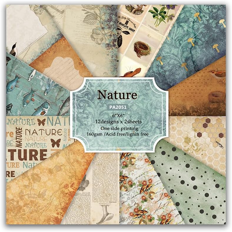 DESEACO Vintage 6x6 Inch Scrapbook Paper Pad, Single-Sided 12 Unique Nature Designs, Ideal for DIY Crafting, Card Making and Journaling - 24 Sheets - Image 1
