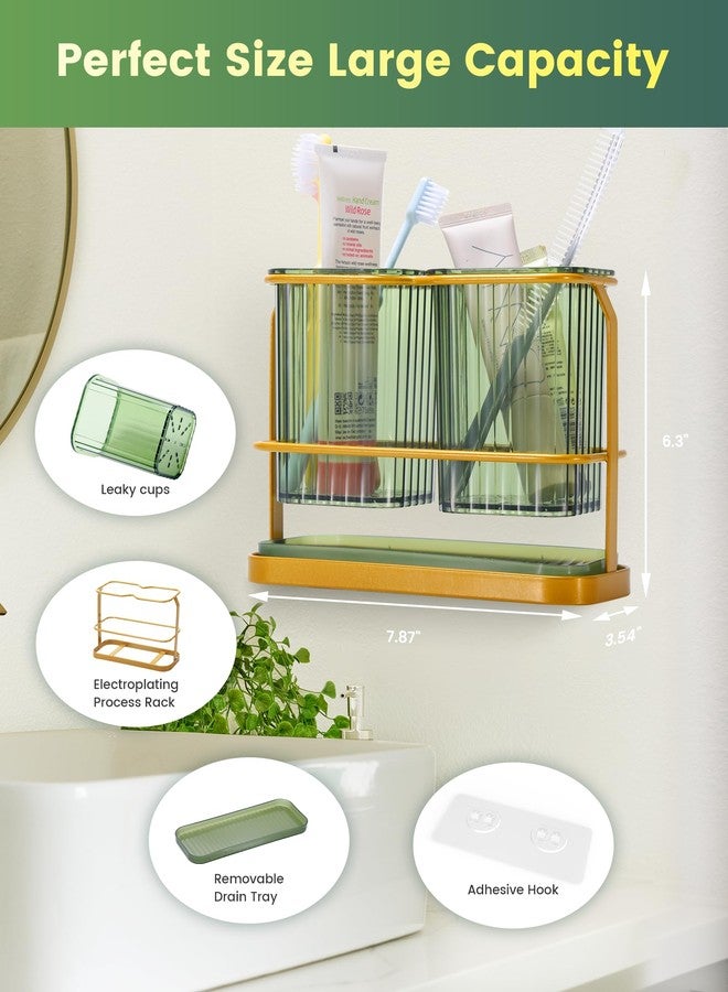 KONE Green Toothbrush Holders for Bathrooms, 2 Cups Toothbrush Holders Wall Mounted, Dry & Wet Separation, Bathroom Organizers and Storage, Bathroom Toothbrush Holder Set for Family Kids - Image 2