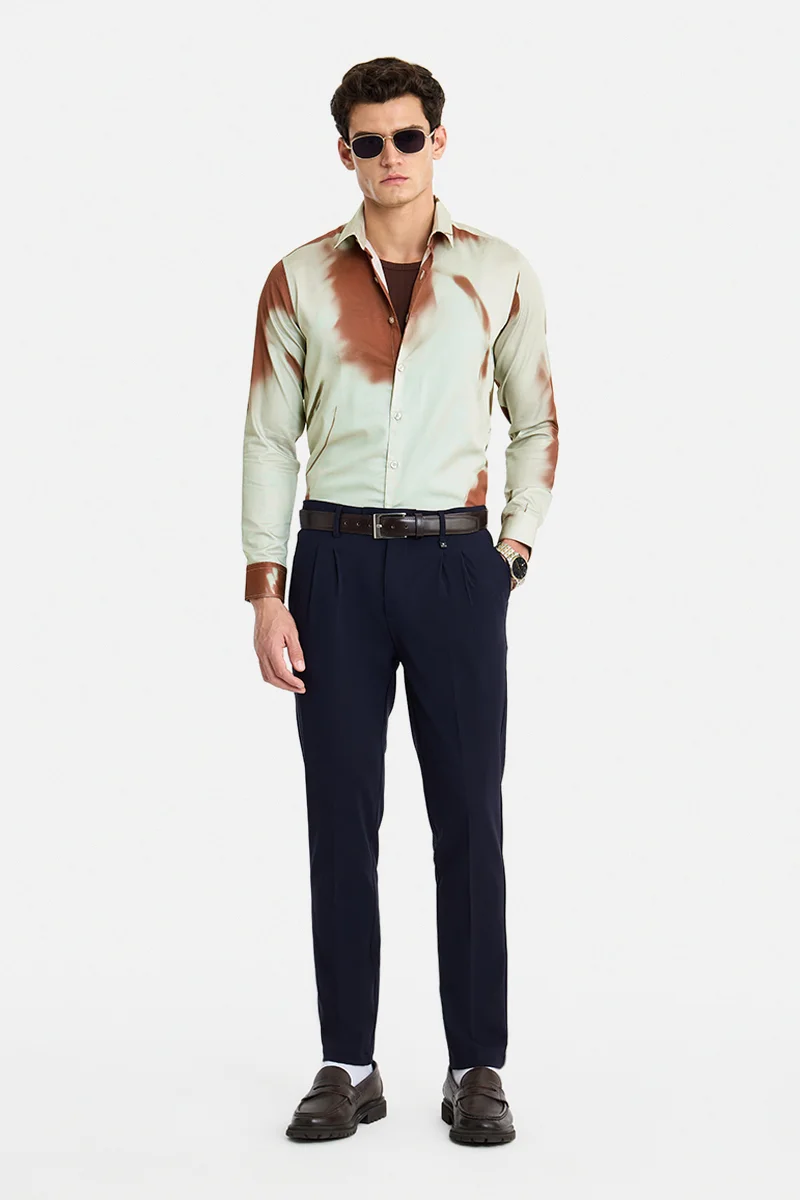 سنيتش Light Green Abstract Long Sleeve Slim Fit Casual Shirt