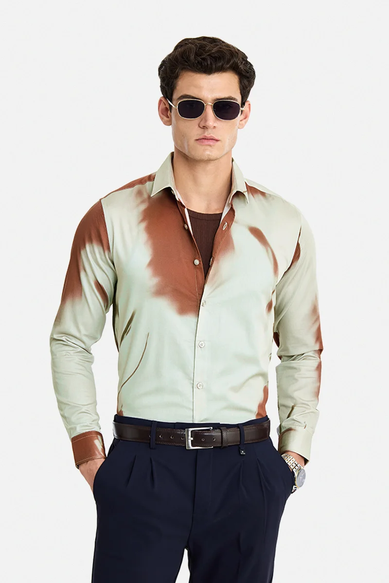 سنيتش Light Green Abstract Long Sleeve Slim Fit Casual Shirt