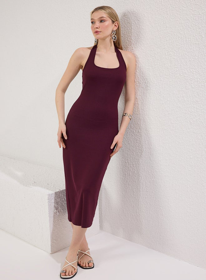 trendyol Plum Fitted Square Neck Ribbed Stretchy Knitted Maxi Pencil Dress - Image 2