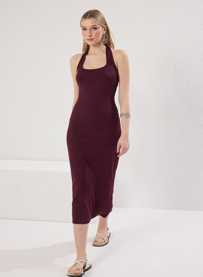 trendyol Plum Fitted Square Neck Ribbed Stretchy Knitted Maxi Pencil Dress - Image 1