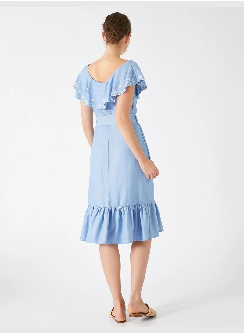 KOTON Short Sleeve Embroidered Belted Dress