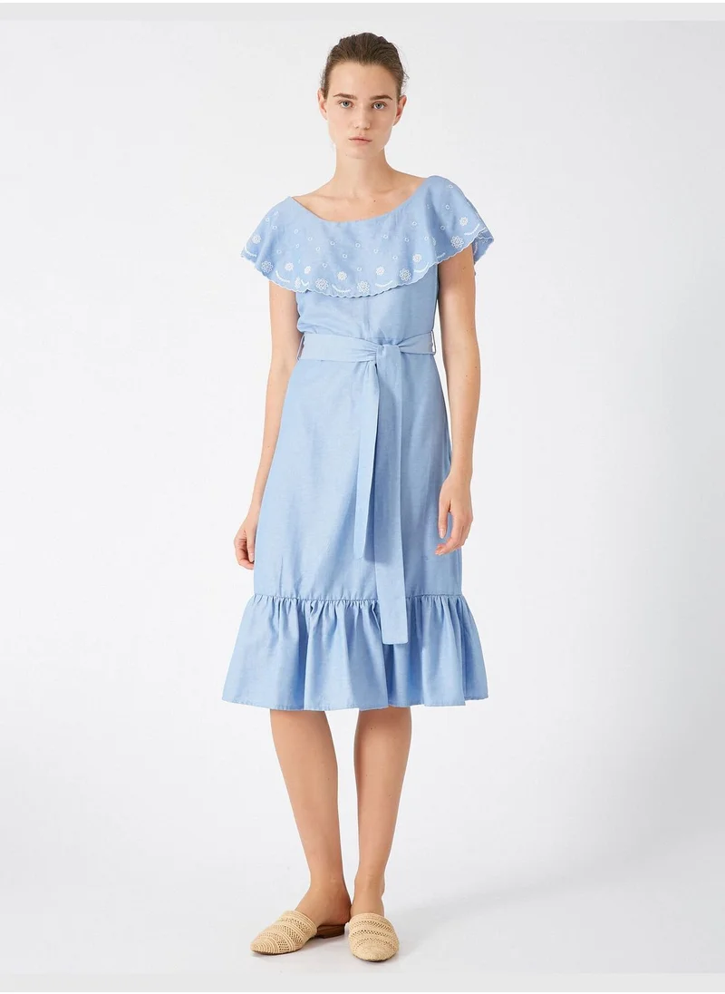 KOTON Short Sleeve Embroidered Belted Dress