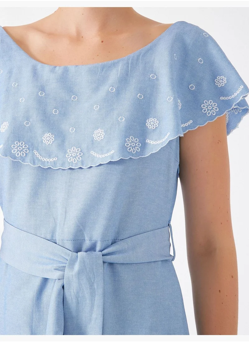 KOTON Short Sleeve Embroidered Belted Dress