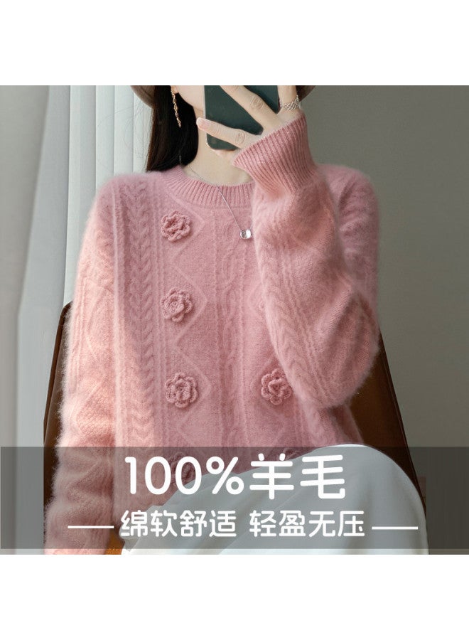 XINYANG 3D Crochet 2025 Autumn/Winter 100% Wool Women'S Seven-Gauge Double-Ply Round Neck Cable Knit Sweater - Image 2