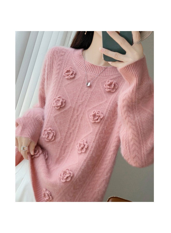 XINYANG 3D Crochet 2025 Autumn/Winter 100% Wool Women'S Seven-Gauge Double-Ply Round Neck Cable Knit Sweater - Image 5