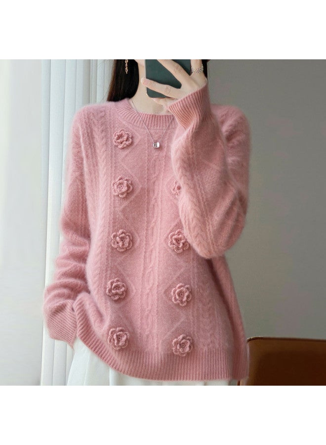 XINYANG 3D Crochet 2025 Autumn/Winter 100% Wool Women'S Seven-Gauge Double-Ply Round Neck Cable Knit Sweater - Image 3