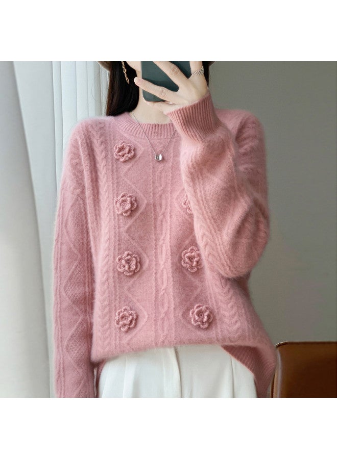 XINYANG 3D Crochet 2025 Autumn/Winter 100% Wool Women'S Seven-Gauge Double-Ply Round Neck Cable Knit Sweater - Image 4