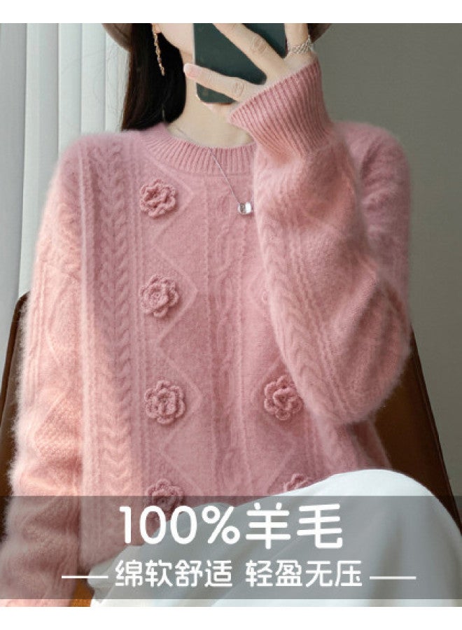 XINYANG 3D Crochet 2025 Autumn/Winter 100% Wool Women'S Seven-Gauge Double-Ply Round Neck Cable Knit Sweater - Image 1