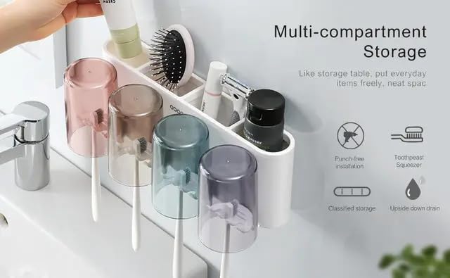 FYCAN Modern Toothbrush Rack Bathroom Punchfree Mouthwash Cup Creative Transparent Wallmounted Toothbrush Holder Space Saving Self Adhesive Magic Sticker Dustproof Bathroom AccessoriesMulti4Cup - Image 3