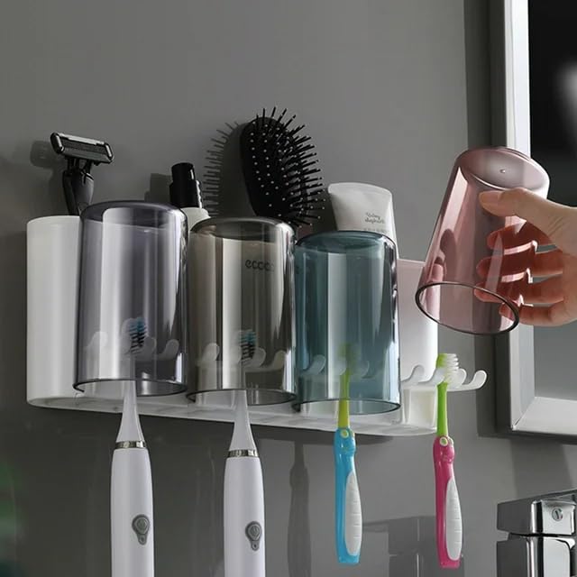 FYCAN Modern Toothbrush Rack Bathroom Punchfree Mouthwash Cup Creative Transparent Wallmounted Toothbrush Holder Space Saving Self Adhesive Magic Sticker Dustproof Bathroom AccessoriesMulti4Cup - Image 4