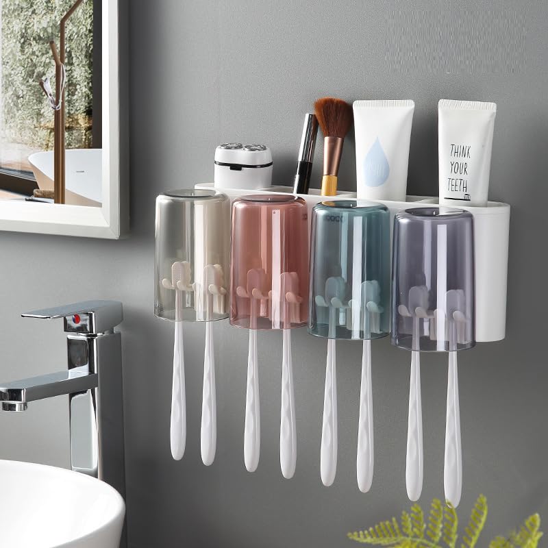 FYCAN Modern Toothbrush Rack Bathroom Punchfree Mouthwash Cup Creative Transparent Wallmounted Toothbrush Holder Space Saving Self Adhesive Magic Sticker Dustproof Bathroom AccessoriesMulti4Cup - Image 1