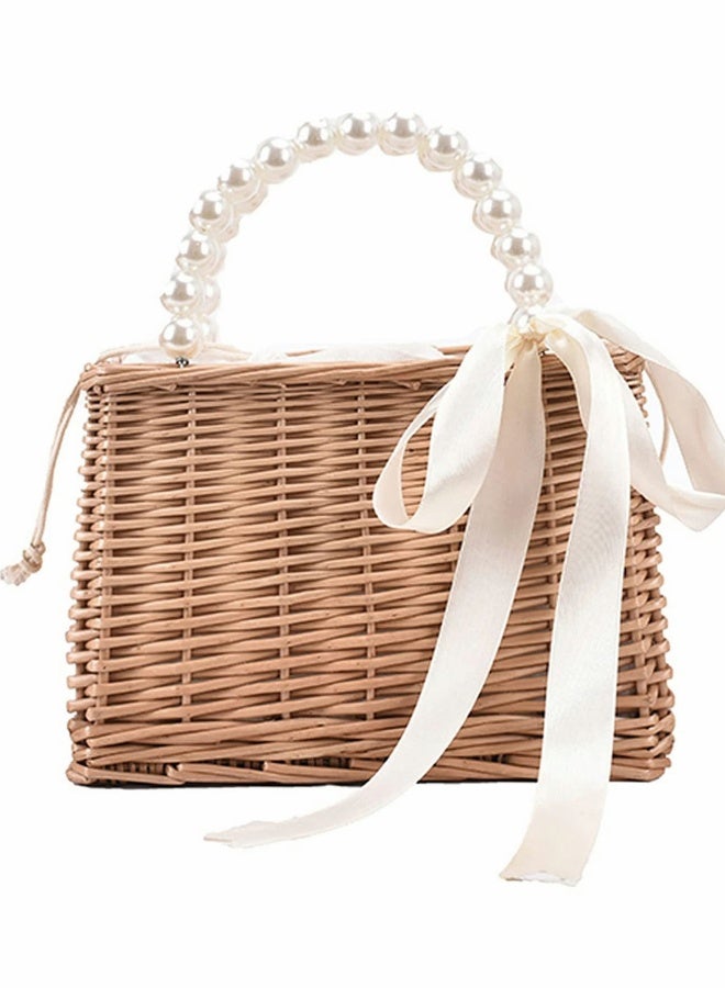 Beach Bags for Women, Fashion Summer Rattan Woven Wicker Tote Bag with Pearl Ornaments - Image 1
