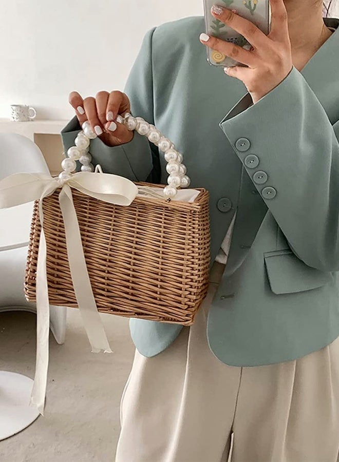 Beach Bags for Women, Fashion Summer Rattan Woven Wicker Tote Bag with Pearl Ornaments - Image 3