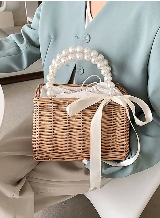 Beach Bags for Women, Fashion Summer Rattan Woven Wicker Tote Bag with Pearl Ornaments - Image 2