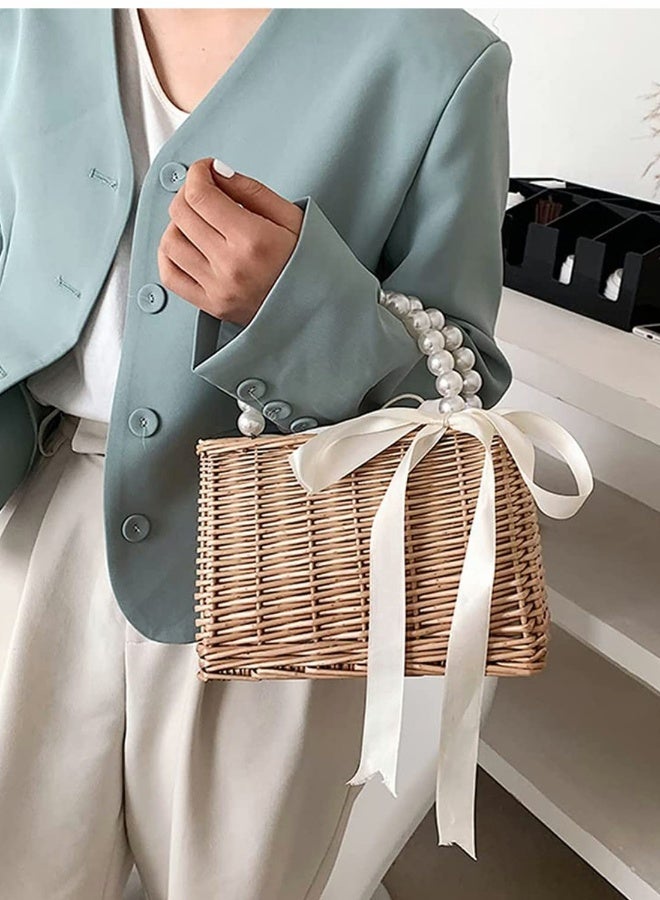 Beach Bags for Women, Fashion Summer Rattan Woven Wicker Tote Bag with Pearl Ornaments - Image 5