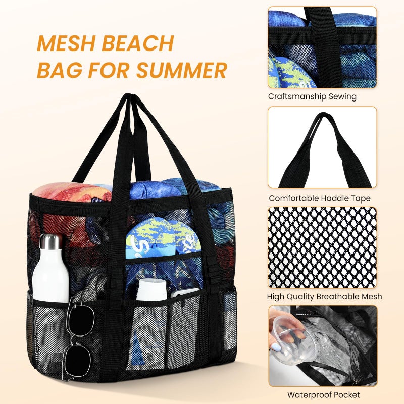 Tavaleu Beach Bag - Large Beach Bags for Women, Mesh Tote Bag with Multi Functional Pockets for Family Travel/Vacation/Swimming Gym/Storage - Image 3