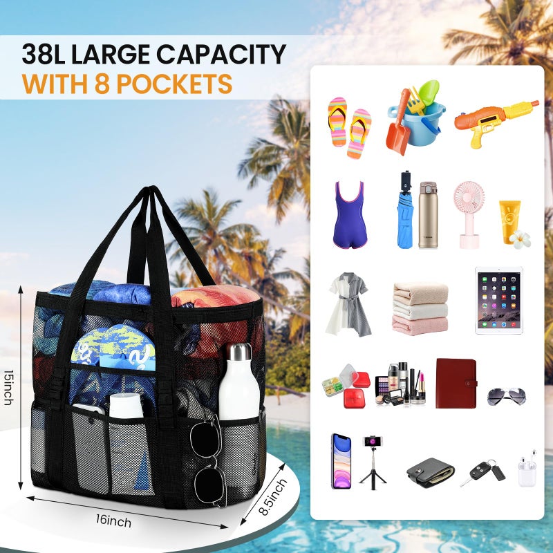 Tavaleu Beach Bag - Large Beach Bags for Women, Mesh Tote Bag with Multi Functional Pockets for Family Travel/Vacation/Swimming Gym/Storage - Image 2