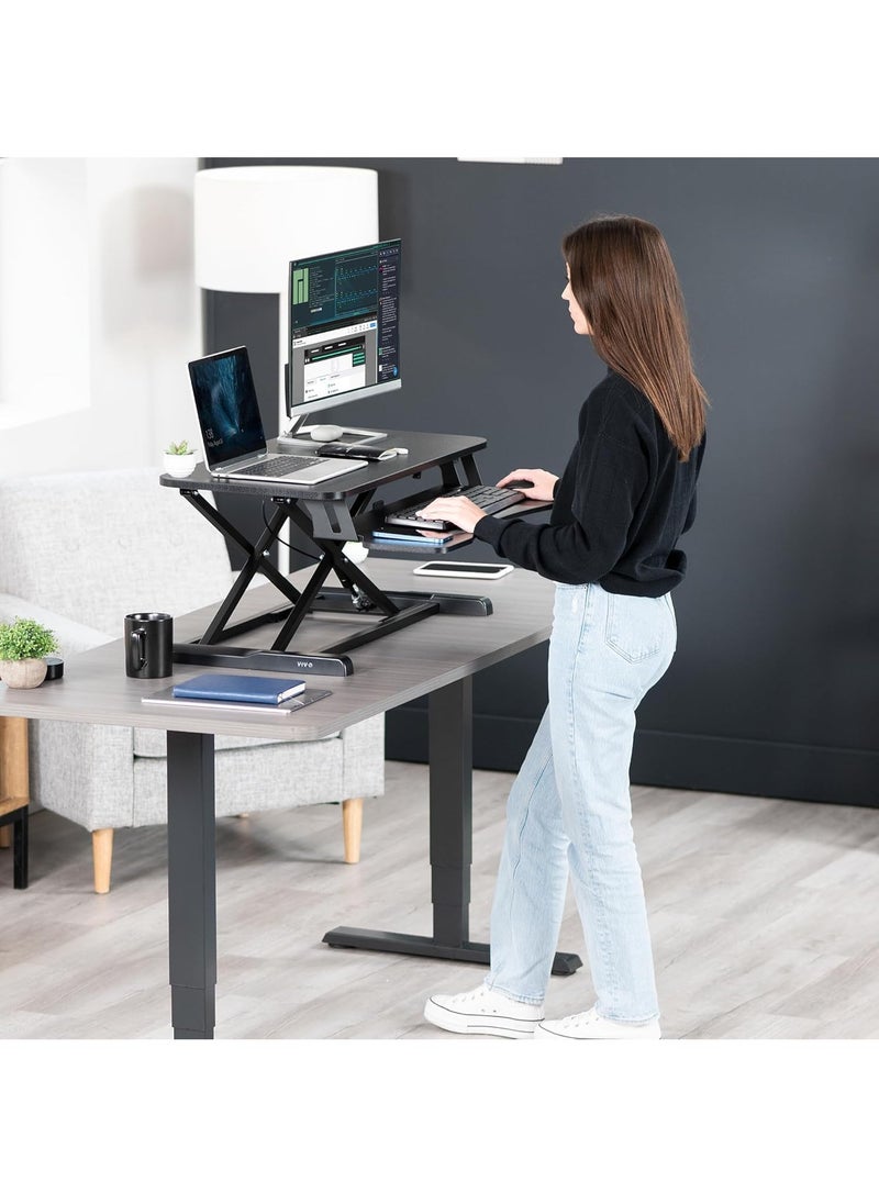 FlashHawk - Standing Desk Converter 32 inch, Height Adjustable Sit Stand Desk Riser, Quick Sit to Stand Tabletop Dual Monitor and Laptop Riser Workstation for Home Office with Keyboard Tray, Black - Image 1