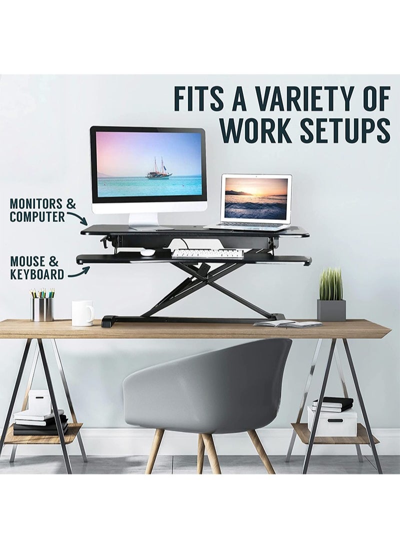 FlashHawk - Standing Desk Converter 32 inch, Height Adjustable Sit Stand Desk Riser, Quick Sit to Stand Tabletop Dual Monitor and Laptop Riser Workstation for Home Office with Keyboard Tray, Black - Image 1