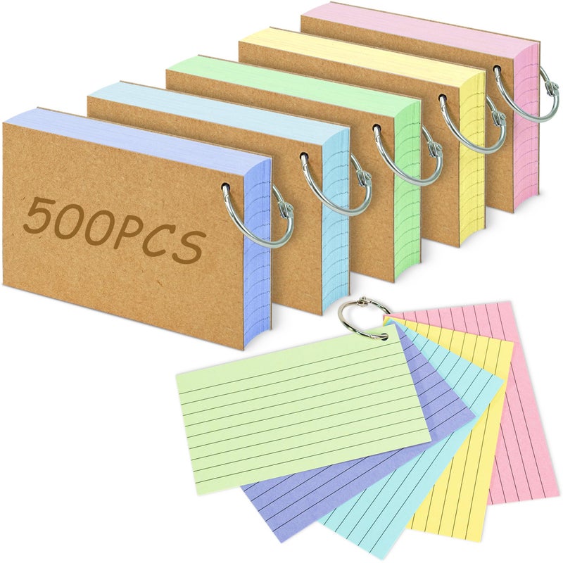 ANSTEEP 500PCS Colored Index Cards, 3x5 Inches Flash Cards with Ring, Lined on Both Side Notecards Ruled Study Card Flashcards Heavy Note Cards for Studying, Learning, School, College - Image 1