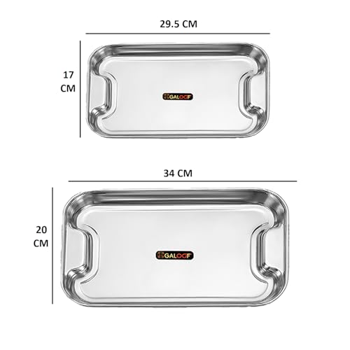 GALOOF Stainless Steel Serving Tray Set of 2 | Rectangle Platter Plates | Unbreakable & Stackable | Ideal Lamon Platter for Serving Tea, Coffee, Snacks, Dining (Small + Medium) - Image 5