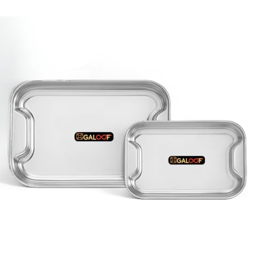 GALOOF Stainless Steel Serving Tray Set of 2 | Rectangle Platter Plates | Unbreakable & Stackable | Ideal Lamon Platter for Serving Tea, Coffee, Snacks, Dining (Small + Medium) - Image 1