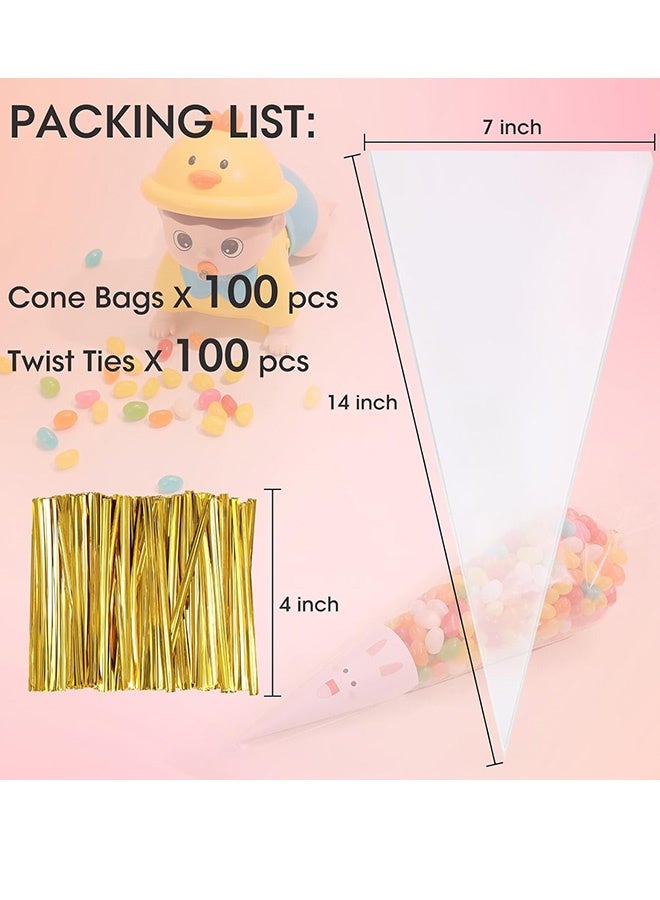 100 Pcs 7 x 12 Inch Cone Shaped Clear Cello Cellophane Treat Bags Medium Transparent Cone Cello Sweet Treat Bags with 100 Pieces Twist Ties - Image 2