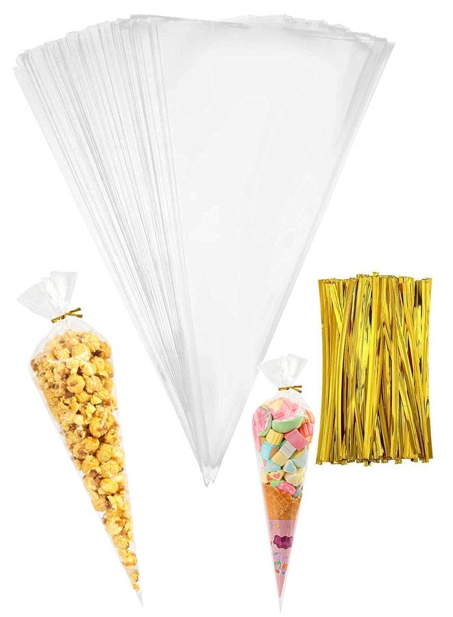 100 Pcs 7 x 12 Inch Cone Shaped Clear Cello Cellophane Treat Bags Medium Transparent Cone Cello Sweet Treat Bags with 100 Pieces Twist Ties - Image 1