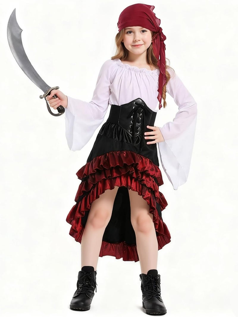 Verceco Medieval Renaissance Pirate Dress, Brown and Black Ruffled Skirt with Corset, Bell Sleeve Peasant Top (White+Red, L) - Image 1