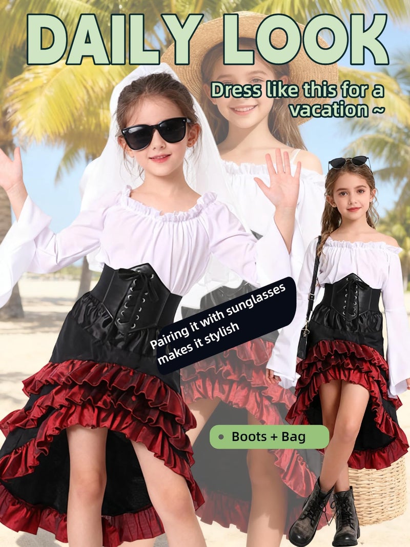 Verceco Medieval Renaissance Pirate Dress, Brown and Black Ruffled Skirt with Corset, Bell Sleeve Peasant Top (White+Red, L) - Image 5