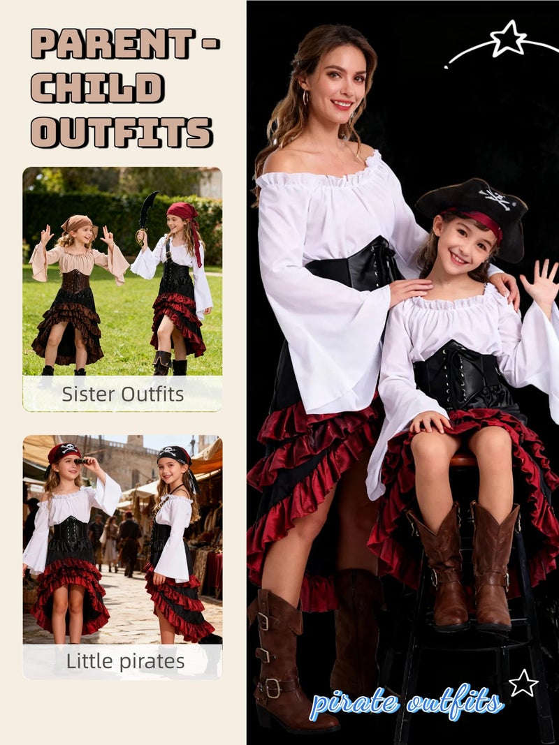 Verceco Medieval Renaissance Pirate Dress, Brown and Black Ruffled Skirt with Corset, Bell Sleeve Peasant Top (White+Red, L) - Image 2
