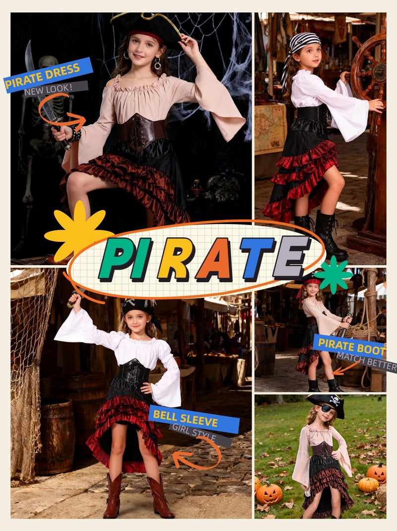 Verceco Medieval Renaissance Pirate Dress, Brown and Black Ruffled Skirt with Corset, Bell Sleeve Peasant Top (White+Red, L) - Image 3