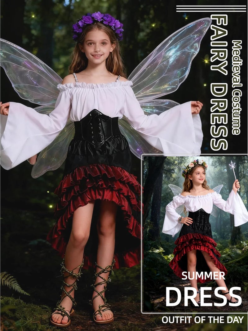 Verceco Medieval Renaissance Pirate Dress, Brown and Black Ruffled Skirt with Corset, Bell Sleeve Peasant Top (White+Red, L) - Image 4