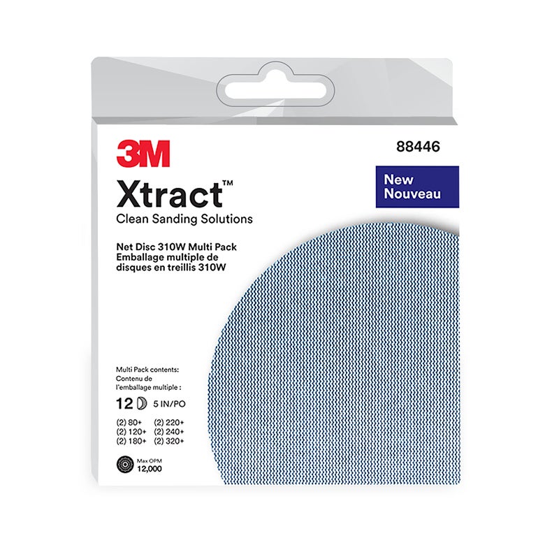 3M Xtract Net Disc 310W, 5 in, 12 Piece Multi-Pack Hook and Loop Sanding Disc, 80+, 120+, 180+, 220+, 240+, 320+, Virtually Dust-Free, Assorted Grades, 88446 - Image 1
