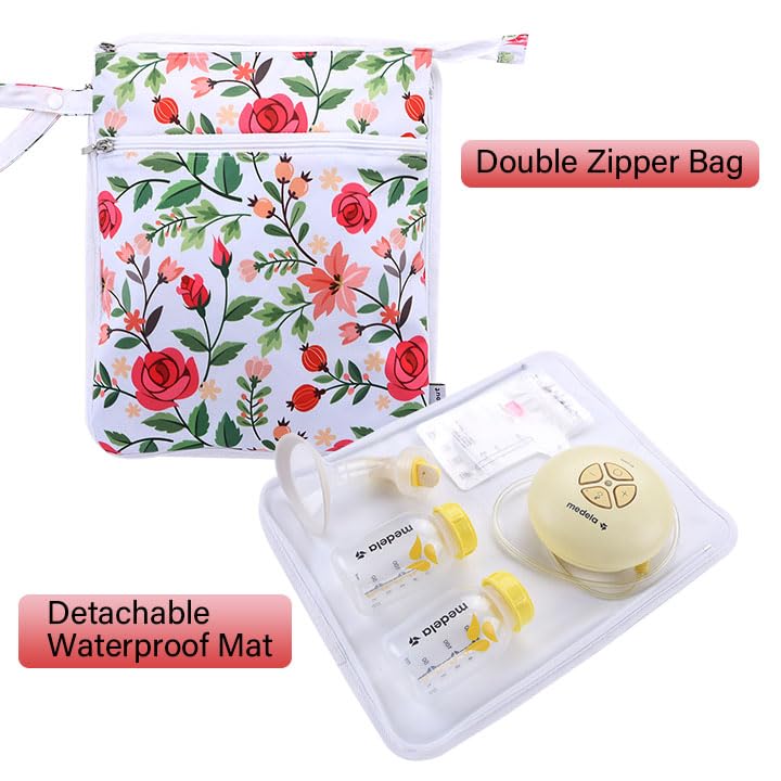 Hi Sprout Breast Pump Bag Wet/Dry Bag with Preparation Place Mat, Waterproof Pump Parts Storage Bag for Moms Pumping at Work or Outdoors(Romantic flowers) - Image 2
