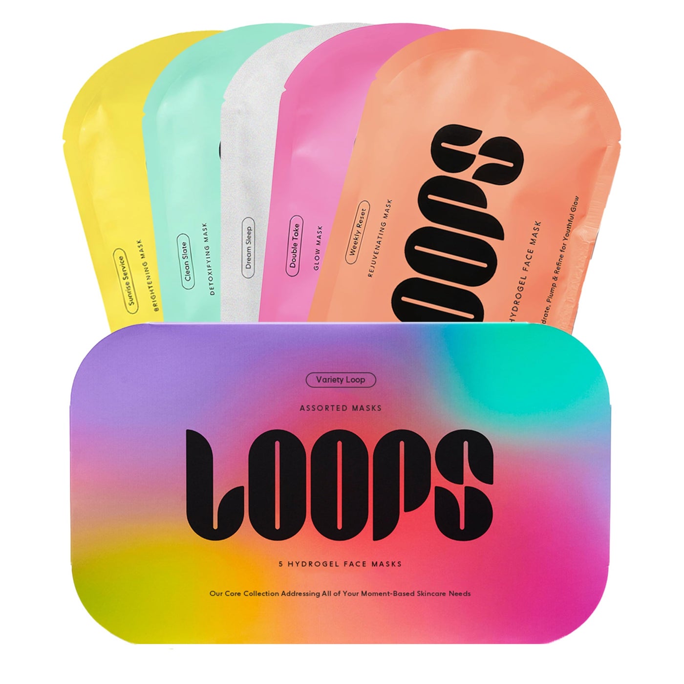 LOOPS VARIETY LOOP KIT Hydrogel Korean Face Mask for Every Skin Five Collagen Face Masks for Brightening Detoxifying Repairing Glowing Rejuvenating Gifts for Women 5 Pc